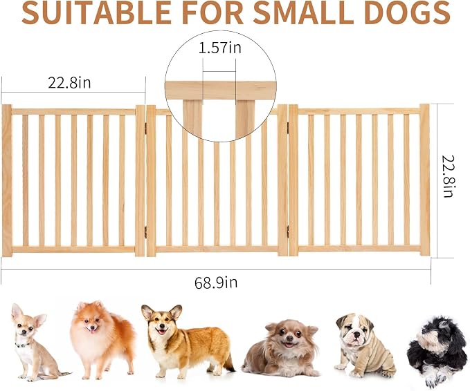 YOCAN Non-Painted Wooden Freestanding Dog Gates for The House,Doorways, Stairs,Wood Dog Fences Indoor Pet Gate,Step Over Fence-3 Panels L:69" H:23"
