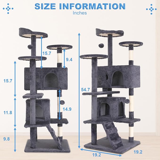 FDW | 54" Cat Tree Tower | Ashy | Multi-Level Indoor Activity Center | with Sisal Scratching Posts, Condos, Plush Perches, Hanging Cat Toys | Sturdy, Easy to Assemble | for Kittens & Adult Cats