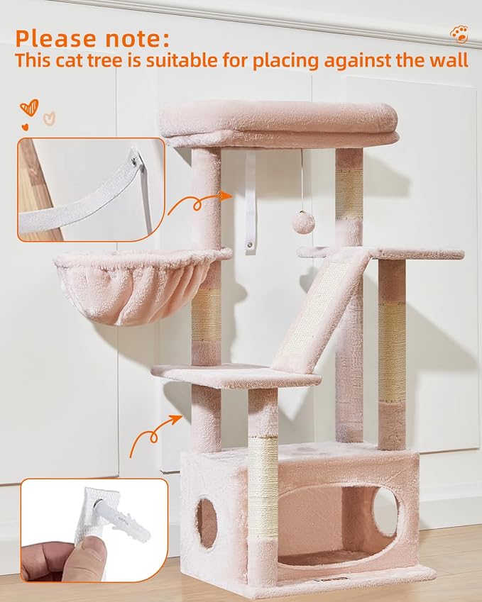 Taoqimiao Cat Tree, 38.5In Cat Tower for Indoor Cats, Suitable for Kittens | Thick Padded Top Perch, Luxurious Cat Condo, Adjustable Basket, 1-Piece Ramp Scratcher, 3 Natural Sisal Posts, Pink, MS029SP