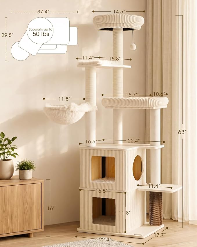 63" Heavy Duty Cat Tree, Modern Cat Tower with Double Large Condos | Modern Cat Furniture, Sturdy Cat Tree Tower, Indoor Scratching Post, Plush Top Perch, Double Cozy Cat Condo