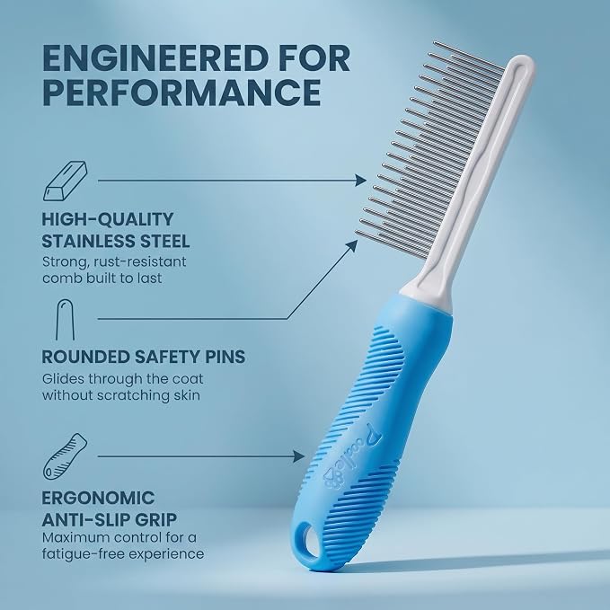 Poodle Grooming Comb - Metal Dematting Comb with Long & Short Stainless Steel Teeth for Removing Matted Hair & Knots, Safe and Gentle for Dogs & Cats