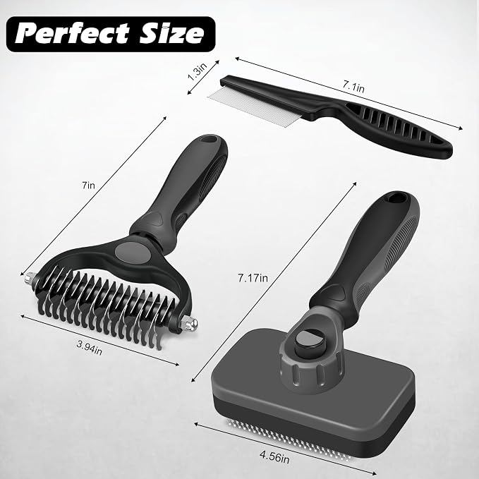 Professional 3PCS Self Cleaning Slicker Brush & Pet Grooming Rake & Flea Comb for Dogs,Cats and Horses | Double-Sided Dematting Comb & Skin Friendly Deshedding Grooming Tool | Pet Supplies (Grey)