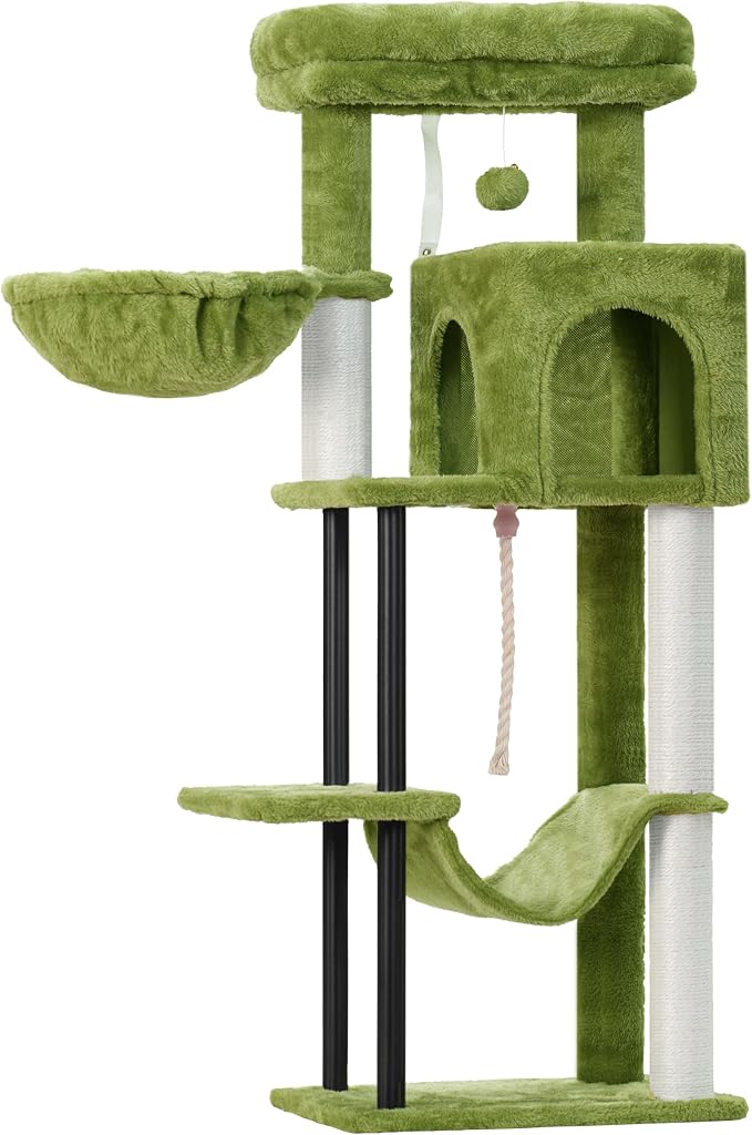 Cat Tree, 43.3'' Cat Tower with Hammock for Kittens GCT004SGR | Cat Condo House for Small Indoor Cats, Basket, Scratching Post, Large Platform, Sturdy Steel Tube, Sisal Rope, Green