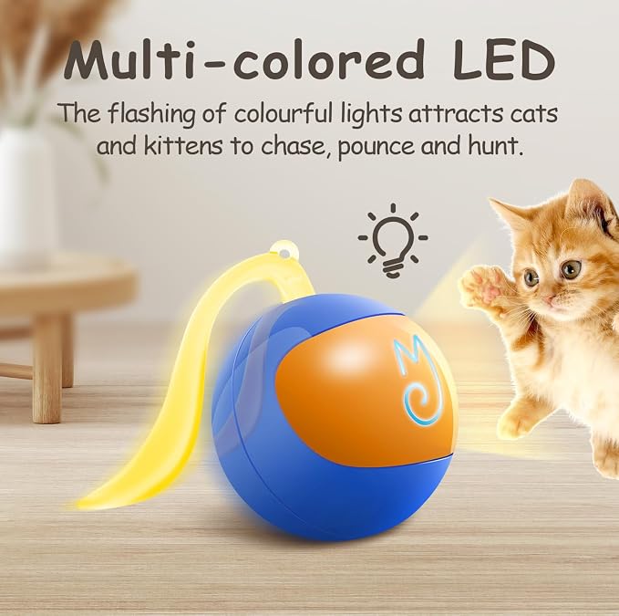 Migipaws 2-in-1 Interactive Cat Toy Ball – Paw Friendly Kicking Chasing Ball with Bonus Fluffy Tail for Indoor Cats Random Rolling Auto Escape Corners Tangle-Free Quiet USB Rechargeable (Blue)