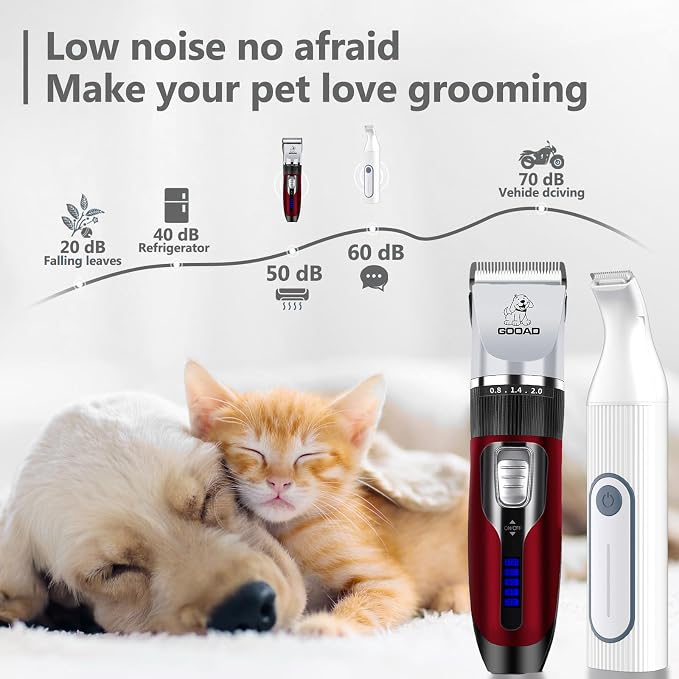 4 in 1 Dog Clippers Grooming Kit and Paw Trimmer for Thick Hair&Coats | 3-in-1 Clipper+Paw Trimmer+Nail Grinder, <60dB Quiet, Cordless,LED Display, 4 Guide Combs, Detachable Titanium-Ceramic Blade