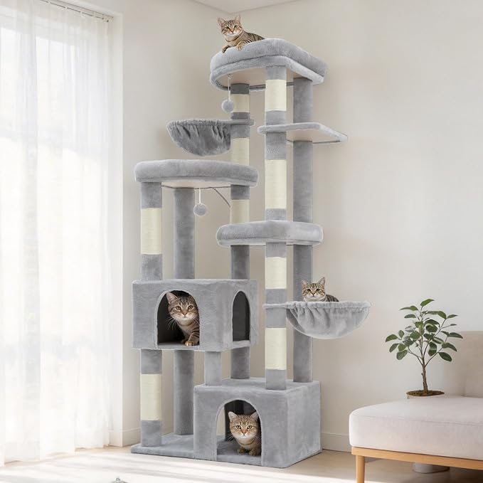 Hey-brother Cat Tree Tower with Tiered Padded Platforms, Condos, MPJ084W | 67.3 Inches Multi-Level Cat House with 9 Sisal Scratching Posts, 2 Plush Hammocks, Toy Ball for Indoor Multi-Cats, Light Gray
