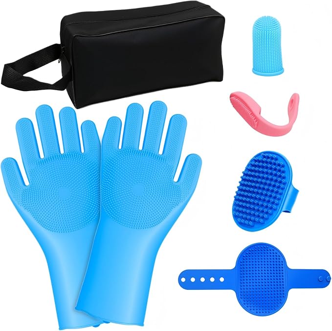 7 PCS Pet Grooming Kit for Dogs and Cats | Dog Washing Gloves | Dog Bath Brush | Cleanroom Gloves | Dog Shampoo Brush | Finger Toothbrushes | Storage Bag | All-in-One Pet Care (Ocean Blue)