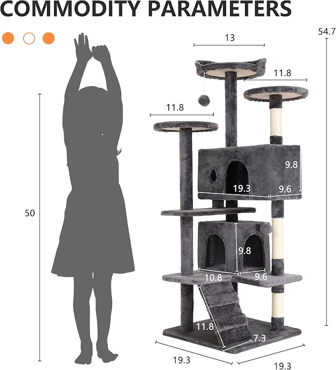 BestPet | 54" Cat Tree Tower | Light Gray | Sturdy Multi-Level Cat Tree | with Plush Condo, Cozy Perch, Sisal Scratching Posts, Hanging Toy and Stable Frame | Easy Assembly | for Kittens & Adult Cats