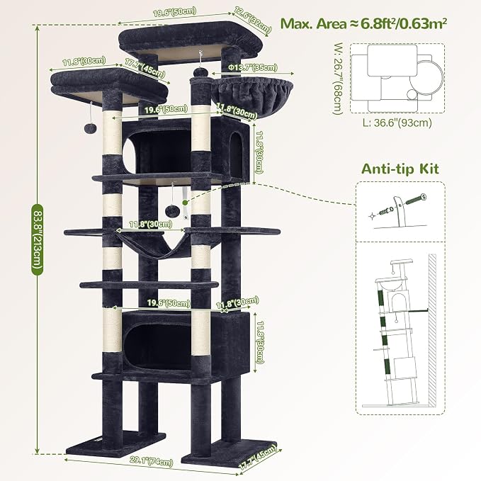 Globlazer Giant Tall Heavy Duty Cat Tower for Indoor Large Cats, F83B | XXL Multi-Level Large Cat Condo with 8 Scratching Posts, Hammock, 2 Cat Caves, 2 Platform, Dark Grey