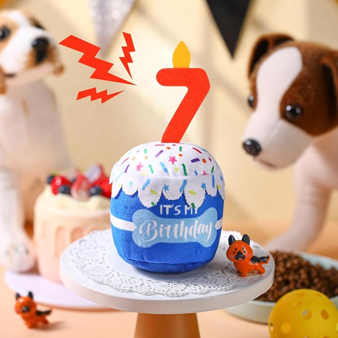 Dansydaisy Dog Birthday Cake Toy Squeaky Plush Toy for Girl Boy Gifts, Chew Accessories for Dog Birthday Party Decor Favor for Large, Medium and Small Dogs(7th,Blue)