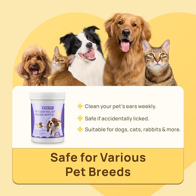 HICC PET Ear Cleaner Finger Wipes for Dogs & Cats, Clean Wax, Dirt & Odor, Soothing Itchy Ears, Gentle and Hypoallergenic Ear Cleaning Wipes for Daily Care((Honey Scent)