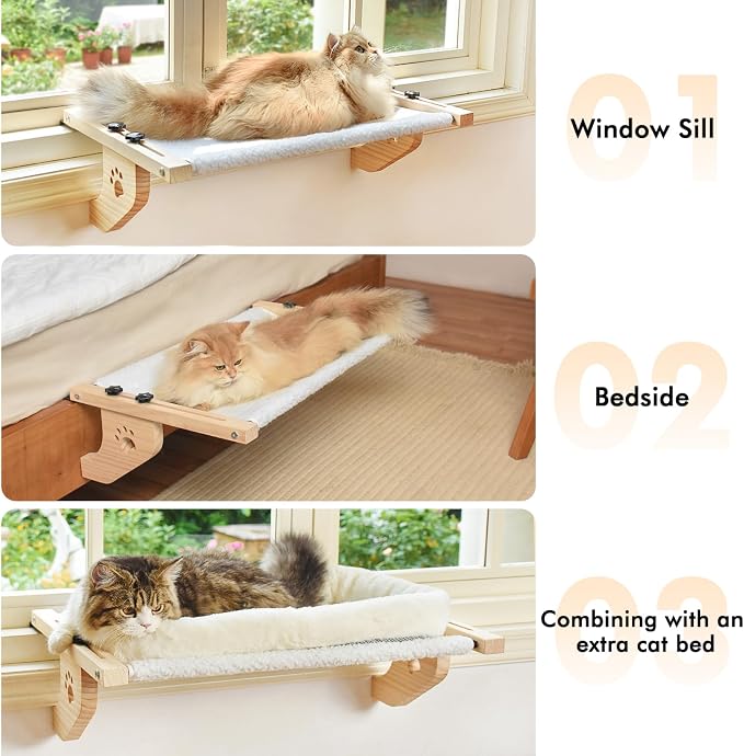 AMOSIJOY Cat Windowsill Perch with Wood & Metal Frame for Large Cat, 27.5in | Solid Wood Frame, Easy to Adjust, Washable Berber Fleece Cover, No Suction Cups Cat Window Seat for Windowsill, Bedside