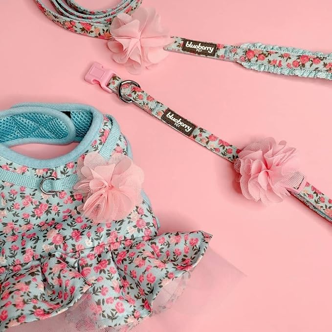 Blueberry Pet Made Well Cute Floral Print Adjustable Dog Collar in Light Blue with Pink Artificial Silk Flower, Large, Neck 18"-26"