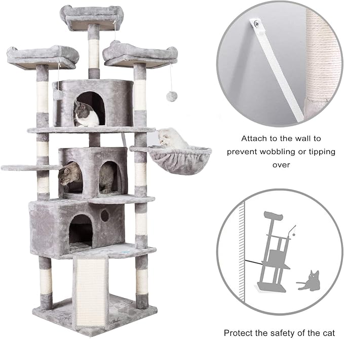Hey-brother Cat Tree Tower with Multi-Level Large Condo, Platform, MPJ032W | 73.4 Inch Cat Tower with 3 Caves, 3 Cozy Perches, Scratching Posts, Board, Activity Center Stable for Indoor Cats, Light Gray