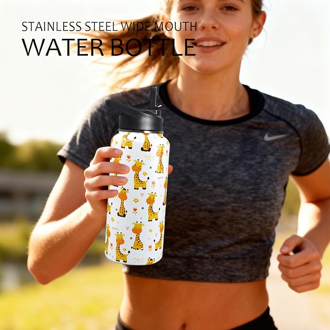 32oz Giraffe Stainless Insulated Aater Water Bottle with Straw,Giraffe Gym Hiking Sports Coffee Mug Cup Water Bottles,Giraffe Gifts for Women,Giraffe Decor Stuff Accessories