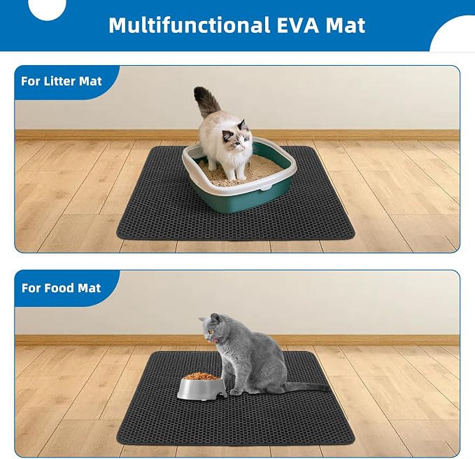 Cat Litter Mat for Indoor Cats Eva Double-Layer Litter Box Mat Washable for Easy Cleaning Cat Rug Collects Litter and Prevents Liquid Leakage (Black, 23.6×35.4inch)