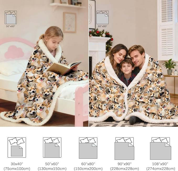 BlessLiving Corgi Plush Blanket Throw - Fuzzy Dogs Kids Girls Cute Puppy Fleece Reversible Animal Pattern Sherpa Throw (Twin, 60 x 80 Inches)