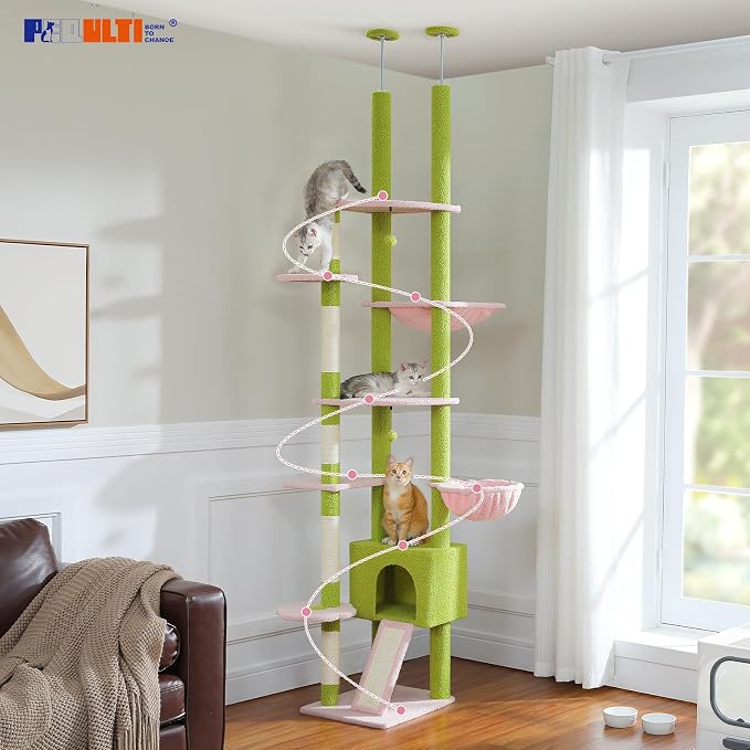 PEQULTI Floor to Ceiling Cat Tree Tower, Height Adjustable 230-252cm, Pink | Pink climbing pole for large cats with cat condo, hammock & sisal scratching posts; measure ceiling, fits 230-252cm