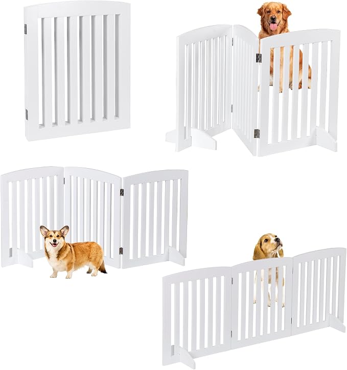 ZENY 24 Inch Pet Dog Gate, Foldable Freestanding Dog Door 3 Panel, White Wooden Z Shape Step Over Pet Fence for Entryway, Stairs, Doorway, White