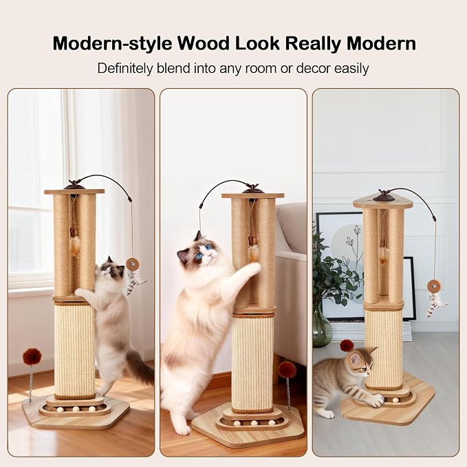 34 Inch Tall Cat Scratching Post for Large Cats, Heavy Duty Natural Sisal Cat Scratcher with Multi Interactive Toys 360° Rotating Feather Toy, Ball Track, Spring Pom for Adult Cats & Kittens