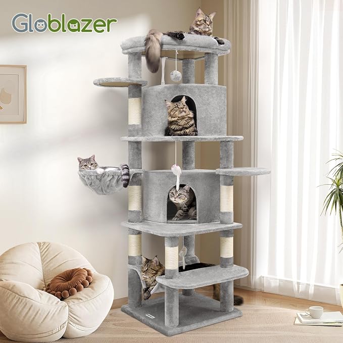 Globlazer 66in Corner Cat Tree Tower for Indoor Large Cat, C66, Light Grey | Space-Saving Stable Adult Cat Tower with 6 Scratching Posts, 2 Large Fan-shaped Condos & Top Perch, Hammock, Climbing Steps
