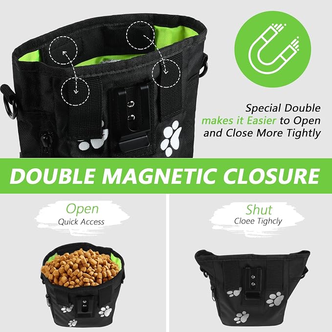 Dog Treat Pouch, Magnetic Closure, Dog Clicker- Black Pattern | Dog Training Treat Pouch, Large Size, Nylon Material, Magnetic Closure & Clicker, for Walking, Obedience & Outdoor Use