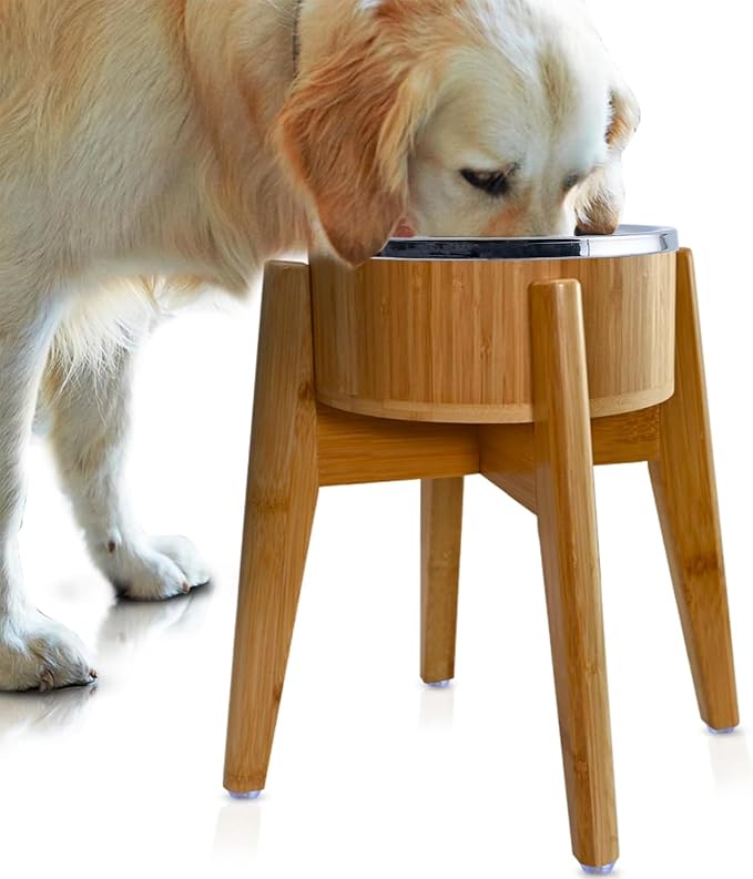 Dog Bowls Elevated, Food Water Bowl for Large Dogs - 15-Inch High - 74oz | Raised Dog Bowl Stand, Stainless Steel and Bamboo, Tipover-Resistant Tall 4 Feet, Doesn't Rust Sag or Bend