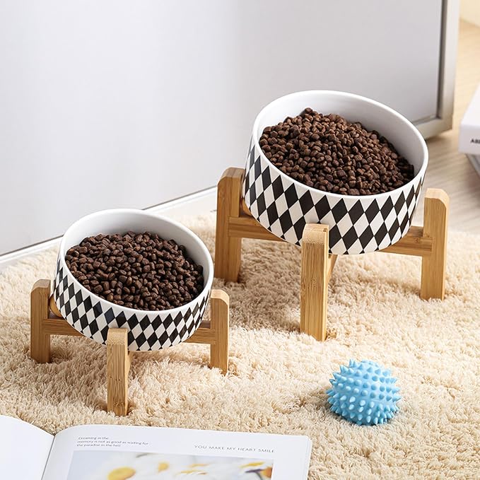 Petygooing Raised/Elevated 15°Slanted Ceramic Dog Bowl for Small Breeds,Tilted Anti Slip Pet Bowl,Food Water Dish with Stand for Cats and Small Dogs Puppy 13.5 OZ (5.1In / 1.7 Cups) Black Rhombus