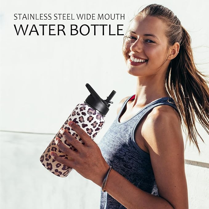 32ozLeopard Print Stainless Insulated Aater Water Bottle with Straw,Leopard Print Cheetah Gym Hiking Sports Coffee Mug Cup Water Bottles,Leopard Print Decor Stuff Accessories