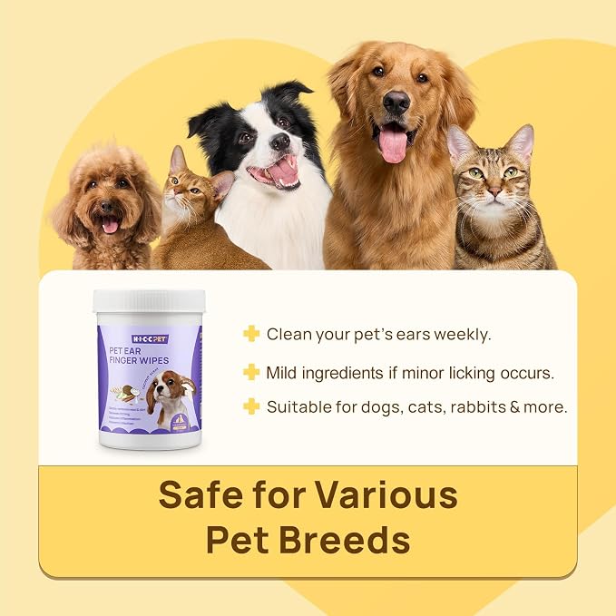 HICC PET Ear Cleaner Finger Wipes for Dogs & Cats, Clean Wax, Dirt & Debris, Extra-Large Pet Ear Cleaning Wipes, Gentle and Hypoallergenic Ear Cleaning Wipes for Daily Care(Coconut Scent)
