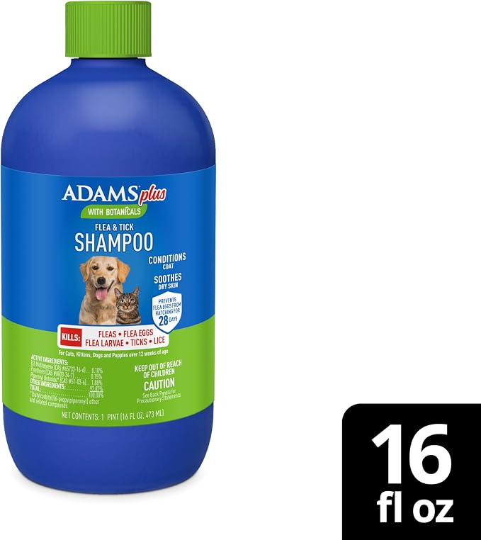 ADAMS Plus Botanicals Flea & Tick Shampoo with Precor for Dogs, Cats, Puppies & Kittens, Flea Shampoo to Treat Infestations, Kills Eggs & Lice, Cleans and Conditions Coat, Plant-Based, 16 Ounces