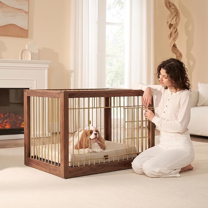 EHEYCIGA Large Memory Foam Dog Crate Bed Washable, 35x23Inch, Beige | High Density Egg Crate Foam, Waterproof Liner, Removable Easy Clean Cover, Non-Slip Bottom, Fits Crate, Floor and Sofa