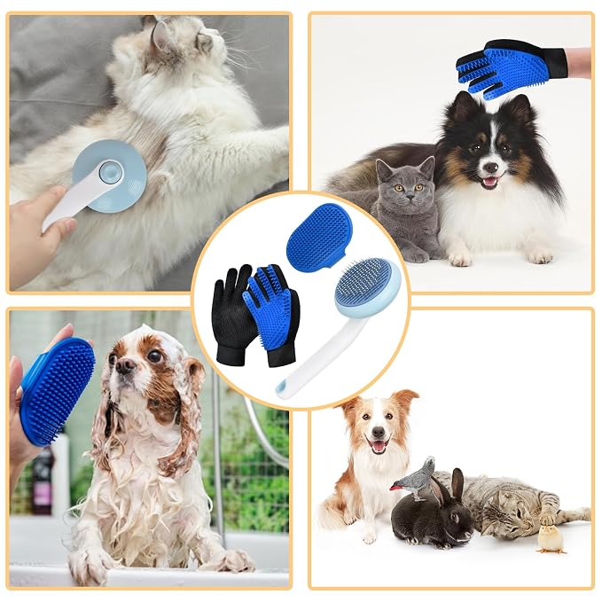 Cat Grooming Glove Brush, Self-Cleaning Slicker Pet Brush | Dog Bath Brush for Shedding and Grooming, Removes Loose Hair and Tangles for Short and Long Haired Pets, Blue