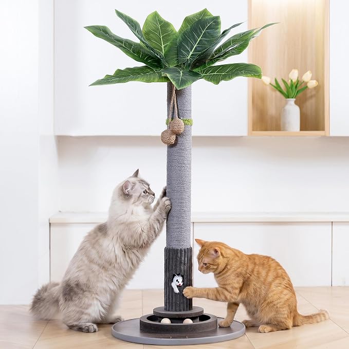 WOOCHPET Cat Scratching Post for Indoor Cats 35" Tall, Sisal Cat Scratcher with Mouse Toy and Track Balls, Wooden Base (Grey)