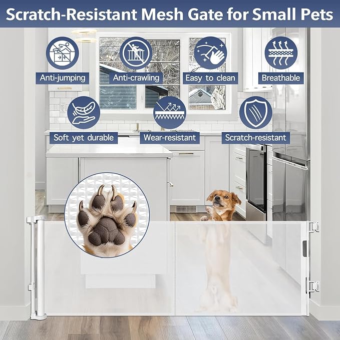Reinforced 18" Tall Retractable Gate Step Over Dog Gate, 55" Wide Mesh Gate Short Pet Gate Indoor/Outdoor Retractable Dog Gate, Small Gates for Pets Puppy Gates for The House - No Bottom Squeeze/White