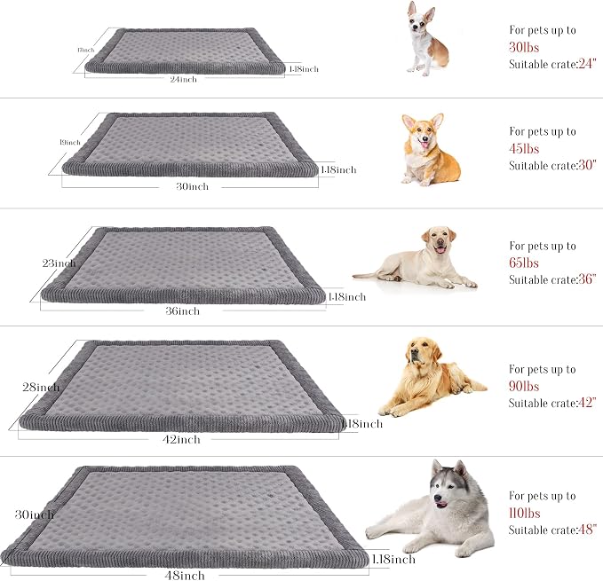42x28 Dog Crate Bed XL Large Memory Foam Kennel Pad for Dog Cages | Grey Washable Soft Flannel Washable Anti Slip Pet Sleeping Mat Gray