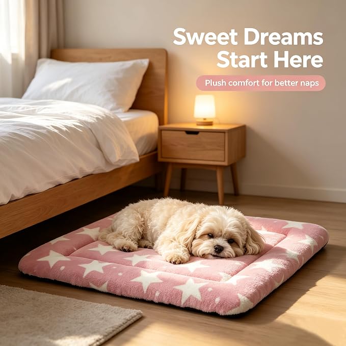 Dog Bed Mat,Reversible & Ultra Soft Kennel Pad-Machine Washable Pet Bed for Dogs & Cats-All-Weather Crate Liner for Crates,Carriers & Travel (Big Star&Pink, 24.0" L x 18.0" W x 1.5" Th)