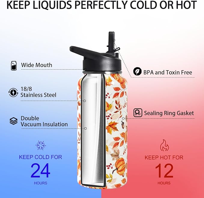 32oz Fall Pumpkin Stainless Insulated Aater Water Bottle with Straw,Autumn Gym Hiking Sports Coffee Mug Cup Water Bottles,Fall Decor Stuff Accessories