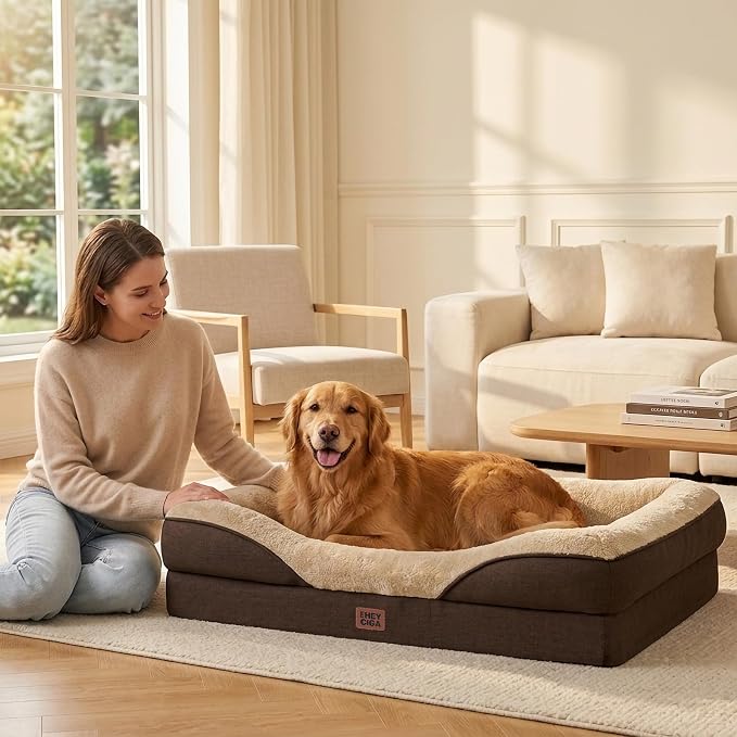 EHEYCIGA Orthopedic XL Dog Bed for Large Sized Dog, 42x30 Inch Extra Large Memory Foam Dog Couch Bed with Sides, Waterproof Liner & Washable Removable Cover, Bolster Pet Sofa, Brown