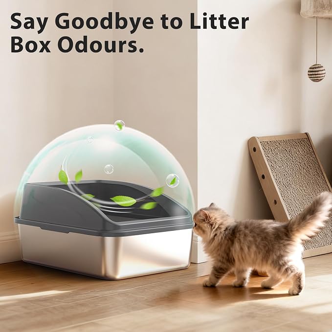 AIPERRO Stainless Steel Litter Box | Metal Kitty Litter Box with Lid High Sided for Small Cats or Injured Cats, Bunny Litter Boxes, Low Entry, Odor-Free, Non-Stick,Includes Scoop (Dark Gray, Small)