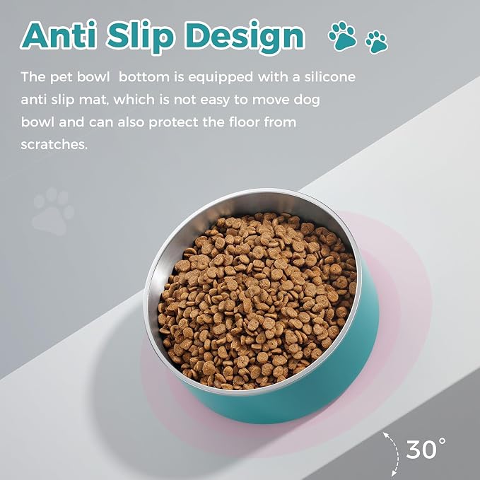 WENBOKMIN Dog Bowl, Stainless Steel Dog Food and Water Bowl with Non Slip Quiet Bottom, Easy to Clean, Dishwasher Safe, 64oz, Lake Blue