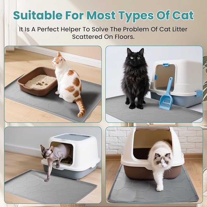 Cat Litter Box Mat, Large Silicone Cat Litter Mat, 34" X 22" Waterproof Pet Mat, Durable & Easy Clean (light gray)
