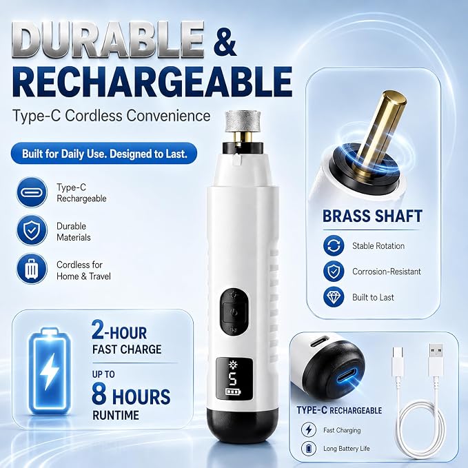 Silent Pro Nail Grinder for Dog Quiet Trimmers File 5 Speed Pet Clippers to Cats Grooming Tool Toenail Cutter Electric Whisper Puppy Guard Light Supplies Helper with 2 Sanding Pads Accessories