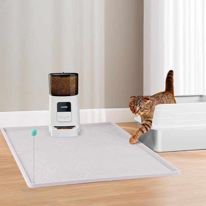 Silicone Cat Litter Box Mat 38'' x 25'' Cat Mat with Toy, White | Extra Large Litter Mat with lip, Non-Slip Waterproof Cat Litter Mat Litter Trapping Mat for Floor, Easy to Clean