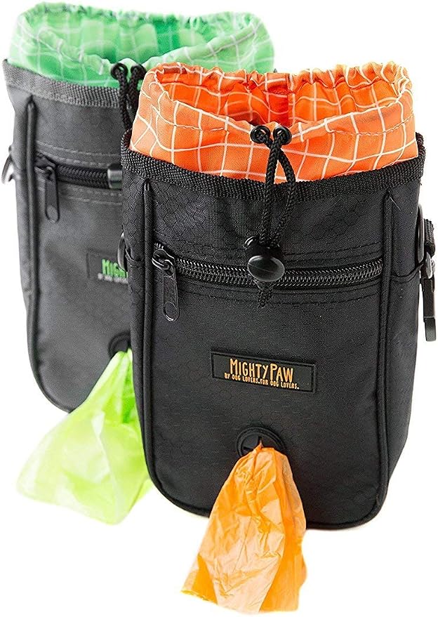 Mighty Paw Dog Treat Bag - Drawstring Closure Pouch - Includes Carabiner Hook and Pick-up Bags - With Reflective Belt - Dog Training Treats Pouch (Black)