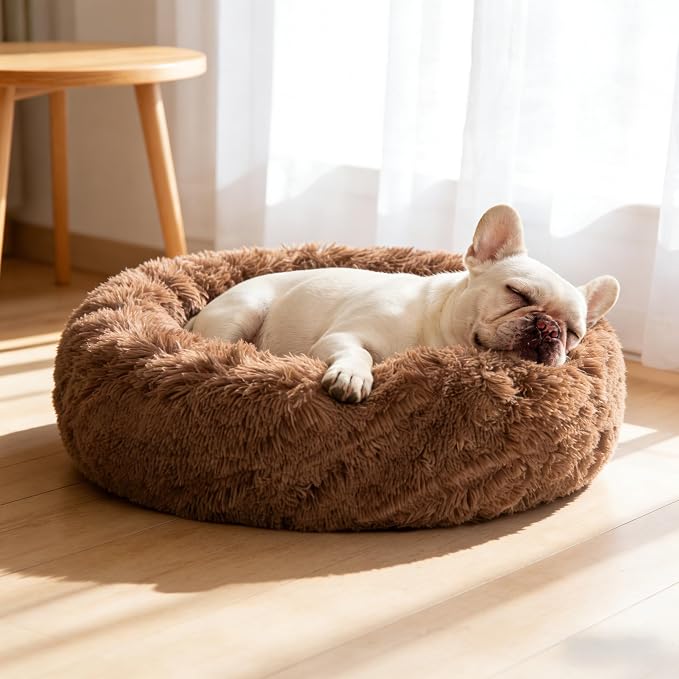 SAVFOX 23 inches Calming Donut Dog Bed - 3X Durable Plush Faux Fur, Machine Washable & Non-Slip, Fits up to 25 lbs, Brown
