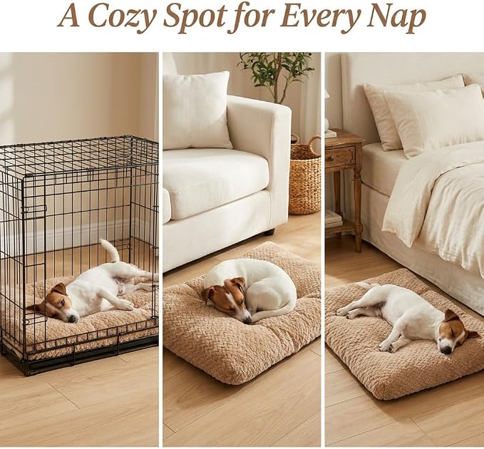 24 Inch Dog Crate Bed for Small Dogs, Washable Dog Crate Pad for Dog Cages, Soft Jacquard Flannel Kennel Mat with Anti-Slip Bottom, Fluffy Crate Mat for Puppies and Small Dogs,Khaki