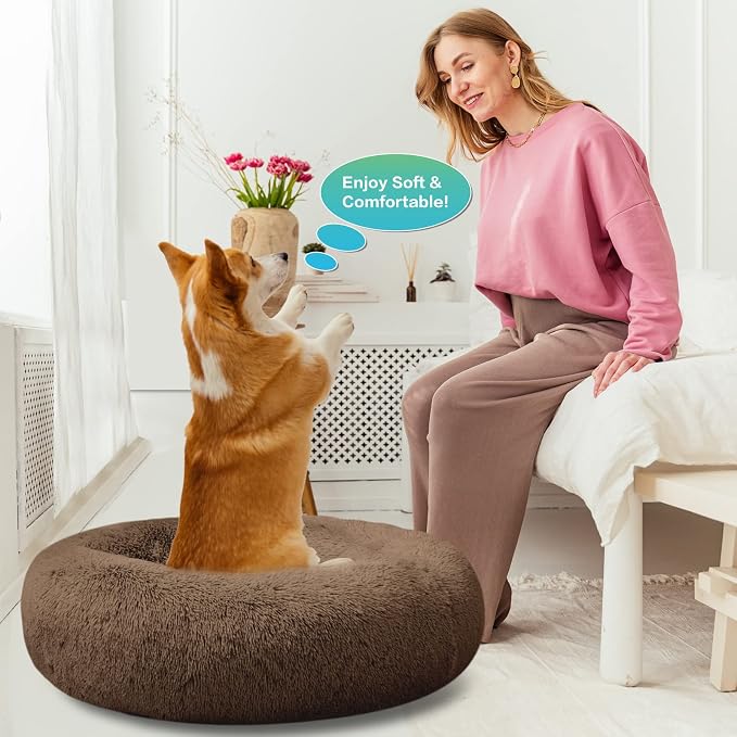 SAVFOX 20 inches Calming Donut Dog Bed - 3X Durable Plush Faux Fur, Machine Washable & Non-Slip, Fits up to 15 lbs, Brown