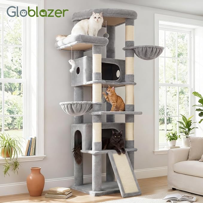 Globlazer 80in Tall Extra Large Heavy Duty Corner Cat Tree Tower, S80C | Sturdy Big Cat Tower for Indoor Cats Large Adult with Scratching Post, 2 Spacious Condos with Padding, 2 Perches, Light Grey