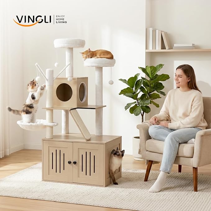VINGLI Cat Tree Tower with Litter Box, 54" H All-in-1 Wooden Cats Condo, Cat Tower wih Scratching Posts, Houses for Indoor Kittens Hidden Cat Washroom Furniture (Light Brown Cabinet)